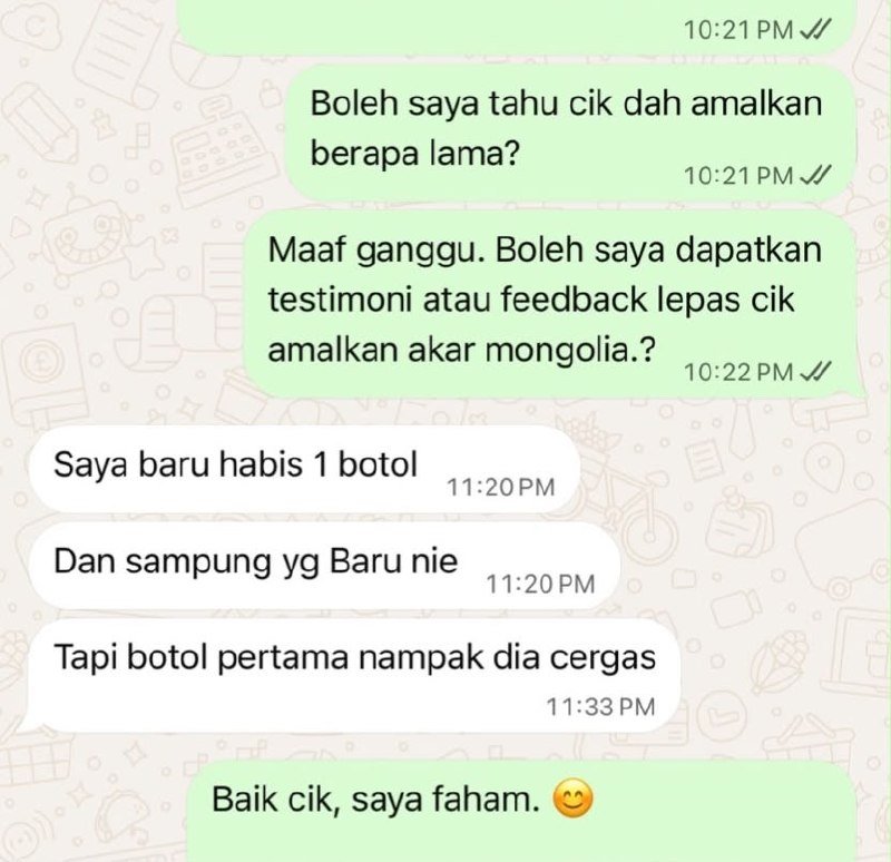 Testimoni WhatsApp pelanggan Akar Mongolia — botol pertama