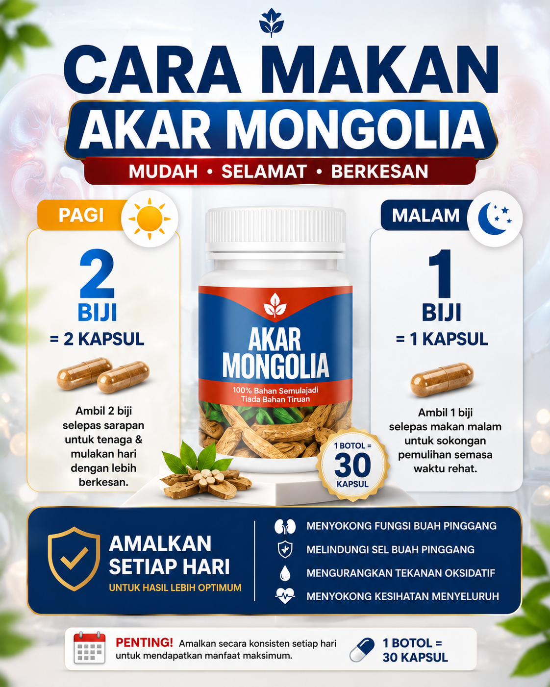 Cara makan Akar Mongolia — panduan dos pagi dan malam