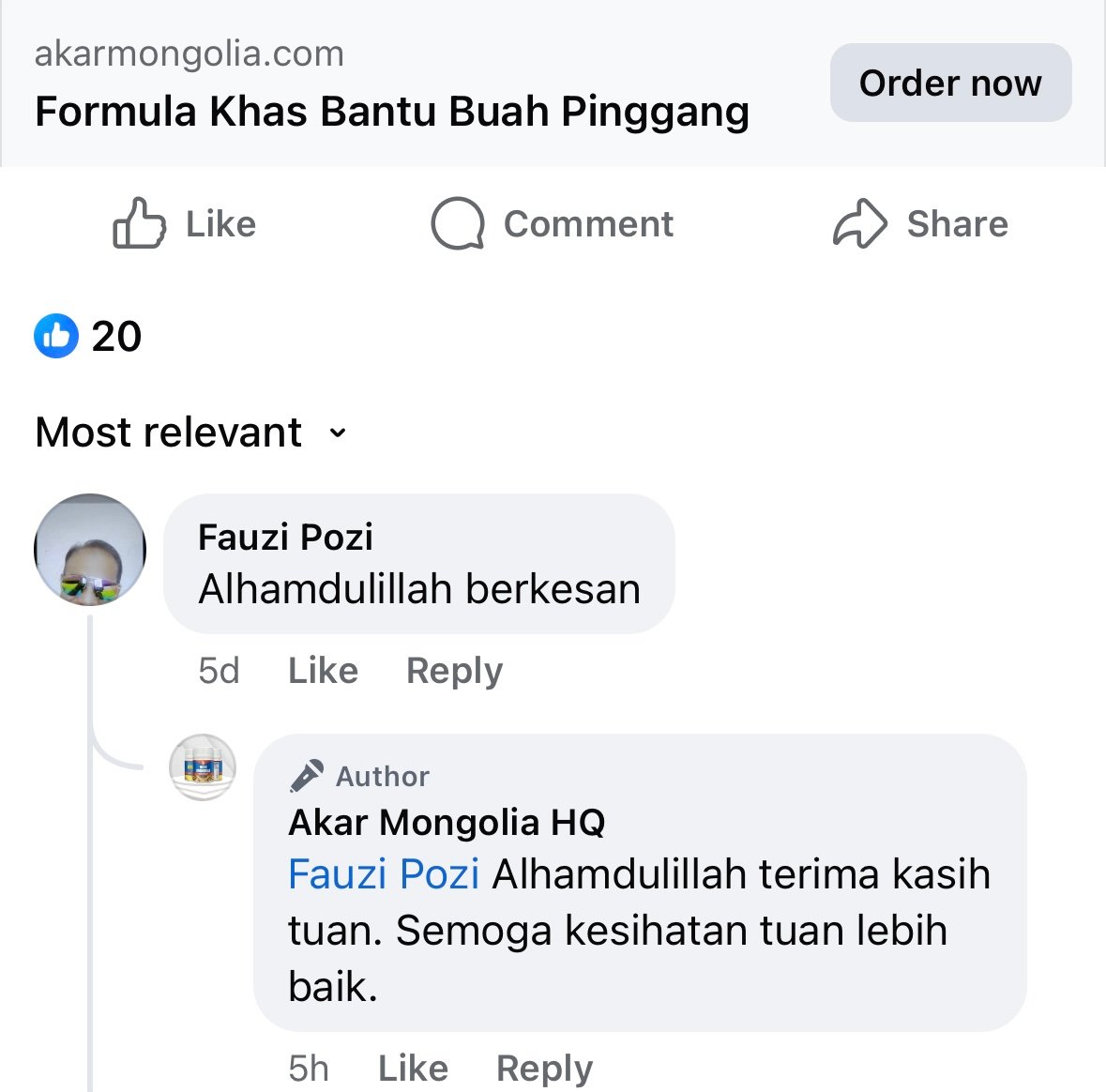 Komen Facebook pelanggan Akar Mongolia