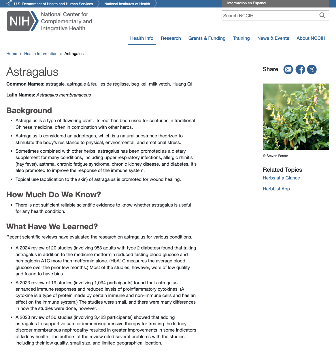 Laman rasmi NIH National Center for Complementary and Integrative Health mengenai Astragalus