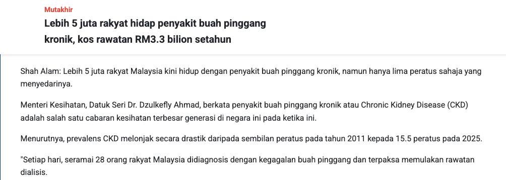 Keratan berita: lebih 5 juta rakyat hidap penyakit buah pinggang kronik