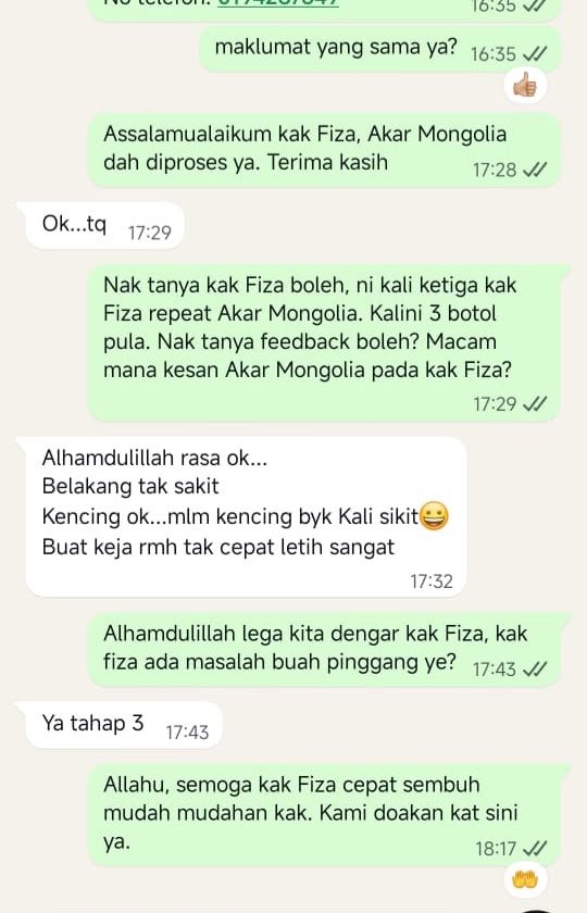 Testimoni WhatsApp Kak Fiza, pengguna Akar Mongolia