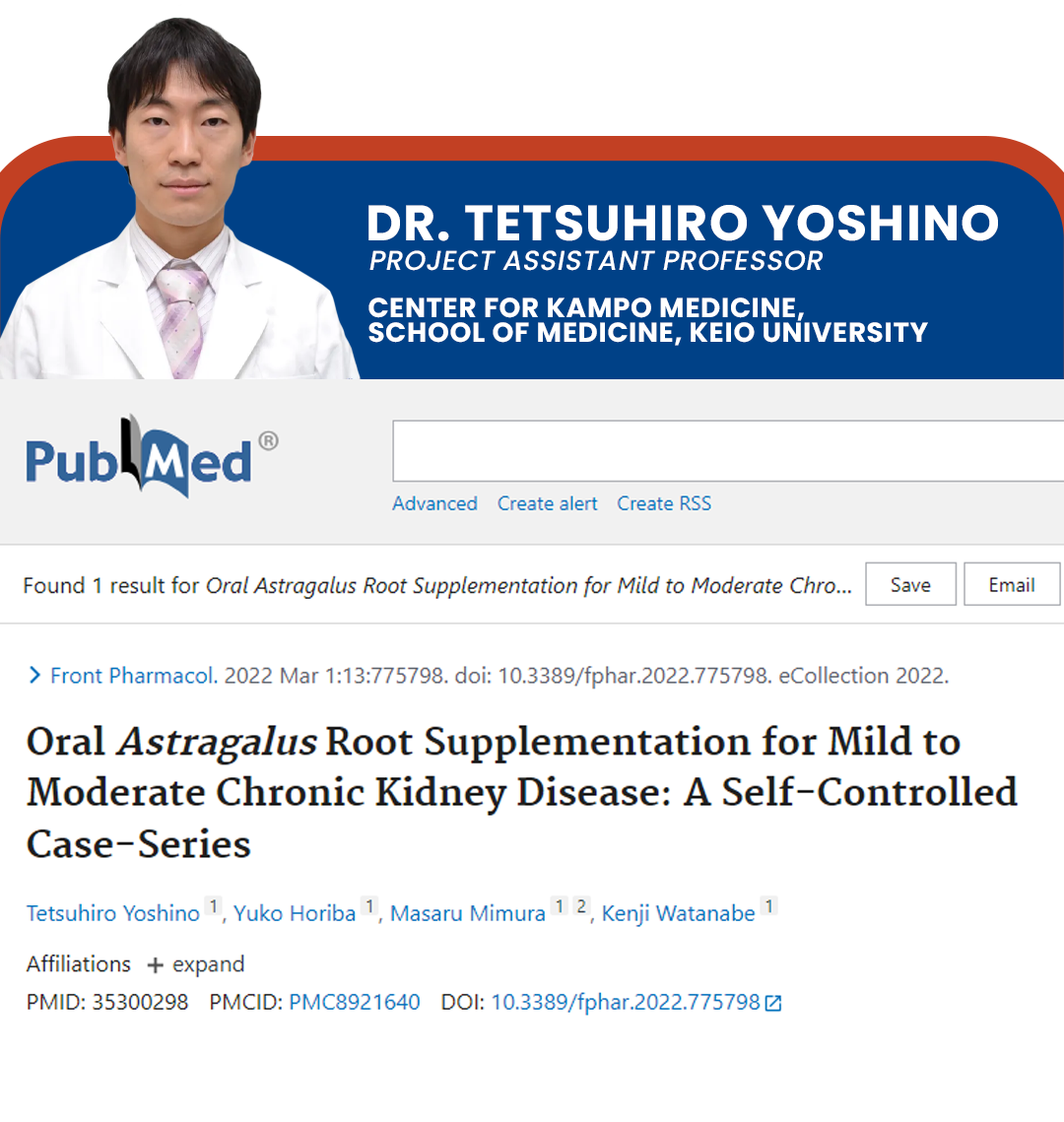 Dr. Tetsuhiro Yoshino, Keio University — Oral Astragalus Root Supplementation for Mild to Moderate Chronic Kidney Disease