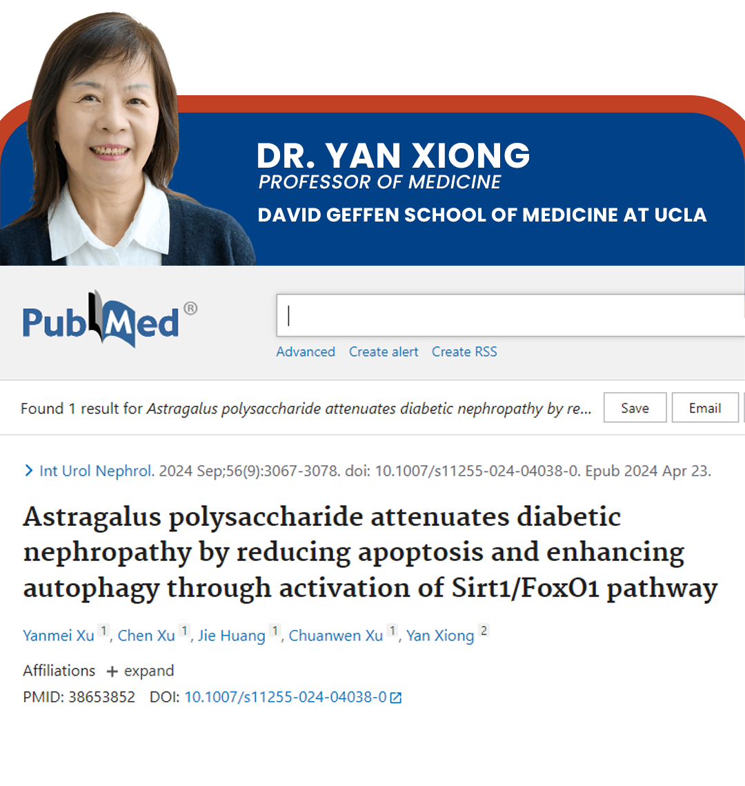 Dr. Yan Xiong, UCLA — Astragalus polysaccharide attenuates diabetic nephropathy via Sirt1/FoxO1 pathway