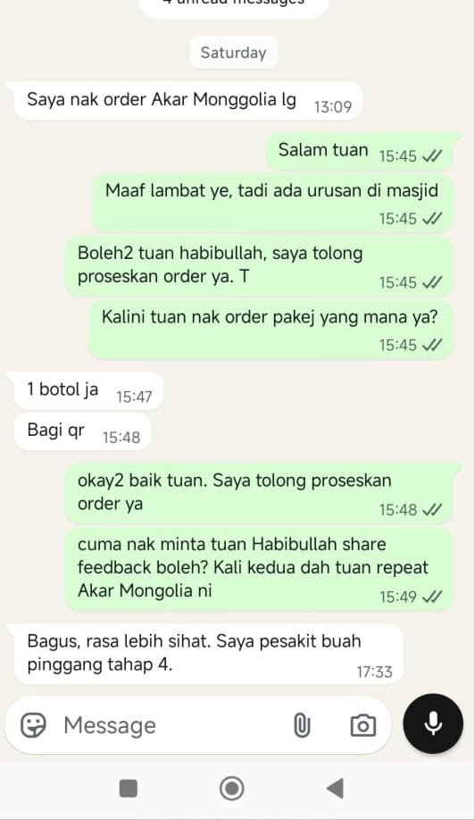 Testimoni WhatsApp pelanggan repeat Akar Mongolia