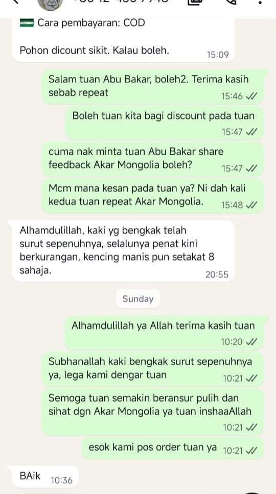 Testimoni WhatsApp repeat customer Akar Mongolia